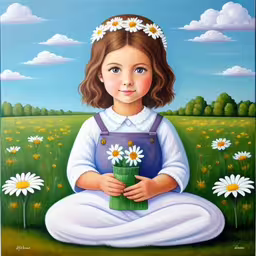 a painting of a young girl sitting on the ground
