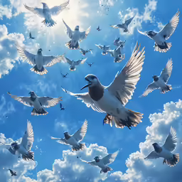 birds flying around and around in the sky