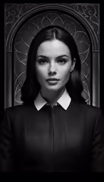 the woman in black and white is posing for a black and white portrait