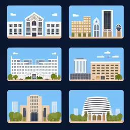 a city with buildings and trees, in four different settings,a set of buildings for building designs and construction