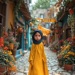 a young girl dressed in yellow walks down a cobblestone street