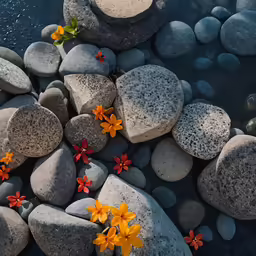 small yellow flowers are growing from stones in the water