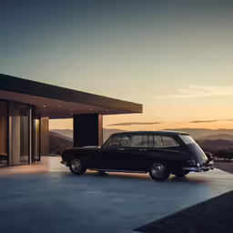 an old black station wagon parked outside of a house