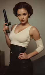 a woman in leather holding a gun