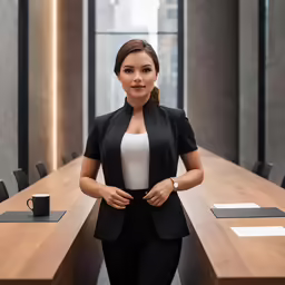 woman in a business suit standing at a table