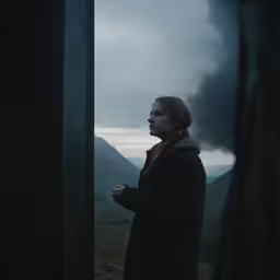 a woman standing next to some mountains under a cloudy sky