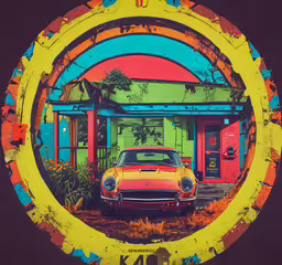 the painting of an orange classic car in front of a building with a red gas pump on the side,an old orange car is parked on the road