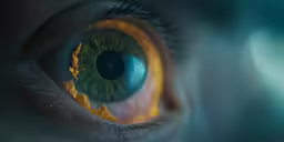 an eye with bright green iris showing an image of mountains