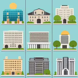 a set of four dimensional images of different buildings,the cities in each country, from buildings to churches