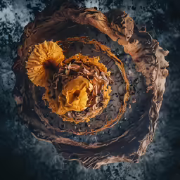 an overhead view of a round dish with flowers in the center