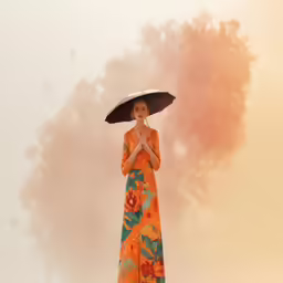 woman in orange flowered dress holding a black umbrella