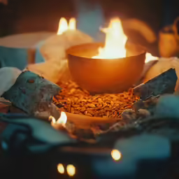 a bowl sitting on top of a table covered in fire