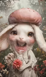 a digital painting shows a large mushroom on top of a small, white rabbit in a field with pink flowers