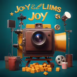 a film camera, some old equipment and popcorn are grouped around it,an old photo camera is set next to other objects