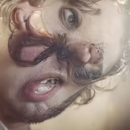 a man with a mustache and hair is looking into the mirror