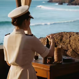 woman in dress uniform by an ocean setting with bottles of wine