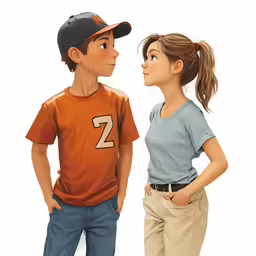 two young boys standing next to each other and looking at each other