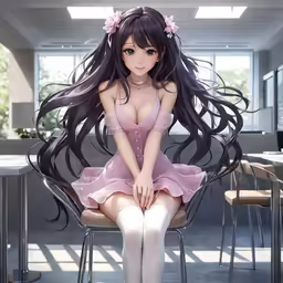 a woman in short dresses is sitting on a chair