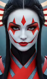 a woman with red makeup and white teeth