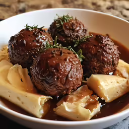 a dish with four chocolate covered balls and gravy