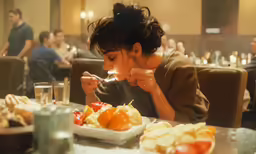 woman sitting in restaurant eating from plate of food