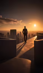 a man stands on a ledge overlooking the city skyline