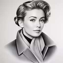 an old photograph of a woman in a peael coat