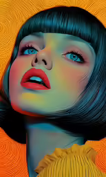 an art work of a woman with blue eyes and a wavy bobble