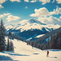 a skier glides on the snow covered mountainside