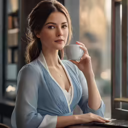 a lady holding a cup and looking outside her window