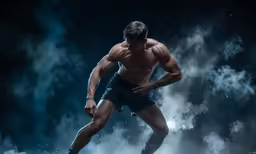 a man running in the snow with no shirt on