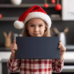 young girl in a red and white christmas hat holds up a black board