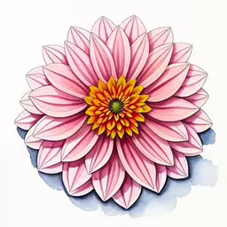 an abstract floral artwork featuring a pink flower with yellow center,the top of a pink flower in watercolor,there is a painting of a pink flower,a pink flower with yellow center is shown,a large pink flower sitting on top of a white wall