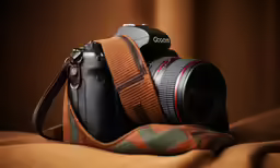 a camera with a strap on top of it