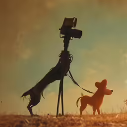 a man filming a puppy with a tripod next to a tree