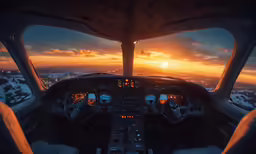 a cockpit view with the sun going down behind it