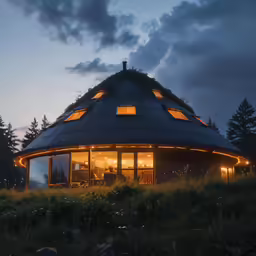 the interior of a round wooden building that is lit up at night