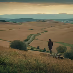 a man standing on a hillside overlooking a country road