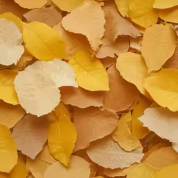 a pile of yellow and white leaves with some brown areas