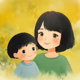 a mother and child standing in the grass