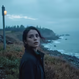 woman standing by the water during a storm with an eerie look