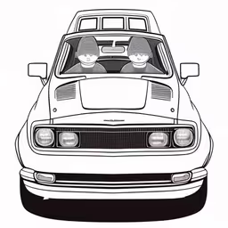 a black and white drawing of a white car,two boys are driving in the back of a vintage car