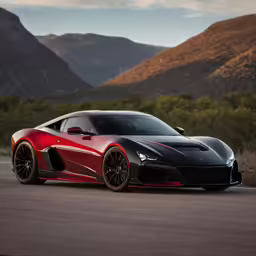 a large red and black sport car on the road