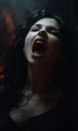 a woman with open mouth standing in the dark