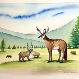 this is a painting of deer and bears