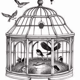 birds are flying inside of a cage, including one bird,birds are flying from their cage to a body in which is a bird is inside