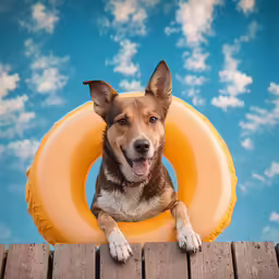 a dog lays on a raft, as it appears to be smiling