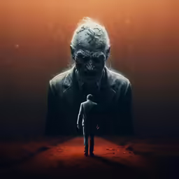 a man standing in a dark room looking at a demonic creature