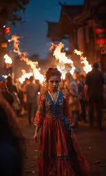 a little girl in an orange dress stands among the fireworks