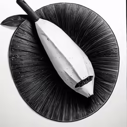 a banana is on the top of a black and white plate